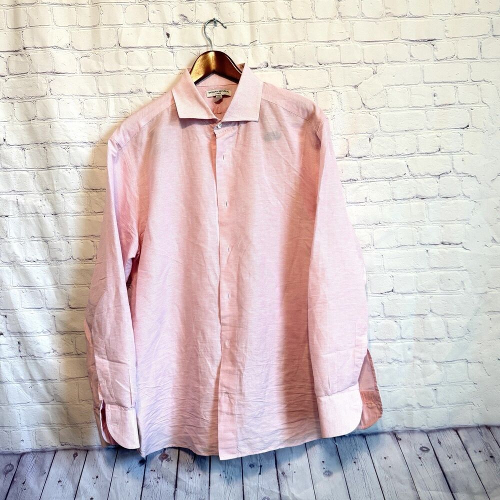 Banana Republic Slim Fit Linen Cotton Dress Shirt | Pink Plaid Size XL  #646087
